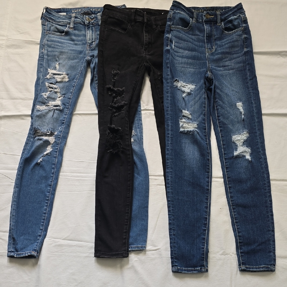 American Eagle Outfitters Ripped Skinny Jeans - Light Blue, Black & Dark Blue